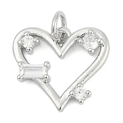 Платина Латунные микропаве прозрачные подвески с фианитом, сердце прелести, без кадмия и без свинца, долговечный, стойки покрытие, с целью перехода в кольце, платина, 13.5x15x2.5 мм, отверстие : 3 мм