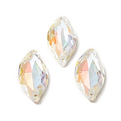 Light Crystal AB Leaf Shape Sew on Rhinestone, K5 Glass Rhinestone, 2-Hole Link, Plated Flat Back, Sewing Craft Decoration, Light Crystal AB, 30x14x7mm, Hole: 1.2mm