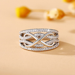 Платина Кольца из латуни с микропаве, прозрачные кольца с кубическим цирконием, бесконечность, платина, размер США 7 (17.3 мм)