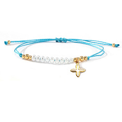 Темно-Голубой 304 из нержавеющей стали крест шарм браслеты, Регулируемые браслеты из латуни и круглых бусин из искусственного жемчуга для женщин., глубокое синее небо, 11.02 дюйм (28 см)