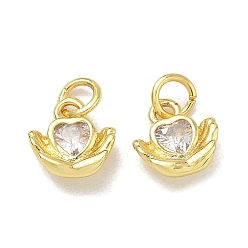Golden Brass Pave Clear Cubic Zirconia Charms, Heart with Hands Charms, Rack Plating, Long-Lasting Plated, Cadmium Free & Lead Free, Golden, 9.5x9.5x3.7mm, Hole: 3mm