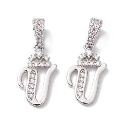 Letter V Кулоны из экологически чистой латуни с микропаве и кубическим цирконием, долговечный, Реальная платина, без кадмия и без свинца, буквы, letter.v, 16~20x7~11.5x1.5~2.2 мм, отверстие : 6.5x3.5 мм