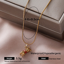 Red Vintage 304 Stainless Steel Cat Shape Pendant Necklaces for Women, Golden, Red, 15.75 inch(40cm)