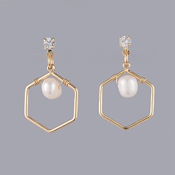 Real 18K Gold Plated Natural Pearl Dangle Earrings, with Cubic Zirconia, Brass Stud Earring Findings, Plastic Ear Nuts and Cardboard Jewelry Set Boxes, Hexagon, Real 18K Gold Plated, 24.5mm, Pin: 0.6mm