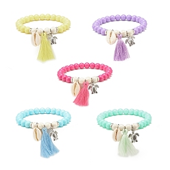 Mixed Color Acrylic Beaded Stretch Bracelets, with Cotton Thread Tassels, Shell Beads, Alloy Charms & Synthetic Magnesite Beads, Mixed Color, 1/4 inch(0.8cm), Inner Diameter: 2-1/8 inch(5.4cm)