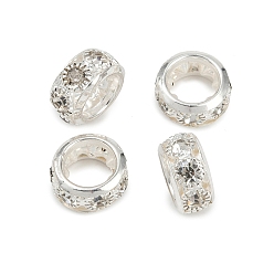 Серебро Латунные бусины со стразами , рондель, кристалл, серебряные, 11.5x6 мм, отверстие : 5 мм