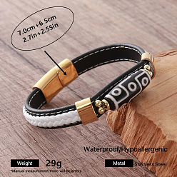 White Vintage Two Tone Braided PU Leather Cord 9-Eye Tibetan Style dZi Rice Beads Bracelets, with 304 Stainless Steel Magnetic Clasps, Golden, White, Inner Diameter: 2.76 inch(7cm)