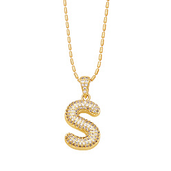 Letter S Brass Micro Pave Cubic Zirconia Pendant Necklaces, Golden, Letter S, 16.54 inch(42cm), Pendant: 24~30x13~22mm