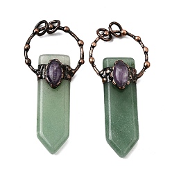 Зеленый Авантюрин Большие подвески в форме меча из натурального зеленого авантюрина и аметиста, с медными кольцами, Красная медь, 66~73x30~31x11.5~12 мм, отверстие : 6 мм
