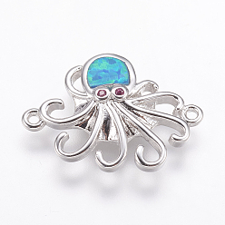 Platinum Synthetic Opal Links connectors, with Brass Cubic Zirconia Findings, Octopus, Platinum, 14x19.5x3mm, Hole: 1mm