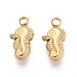 Настоящее золото 18K 304 подвески в виде морского конька из нержавеющей стали, ионное покрытие (ip), реальный 18 k позолоченный, 13x7x3 мм, отверстие : 1.8 мм