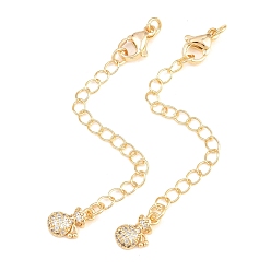 Golden Brass Curb Chain Extender, End Chains with Lobster Claw Clasps and Cubic Zirconia Charms, Money Bag, Golden, 79mm, Hole: 2.4mm