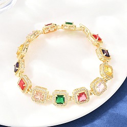 Разноцветный Квадратные латунные браслеты с микропаве из прозрачных кубических цирконий и стеклянных звеньев., долговечный, без свинца и без кадмия, реальный 18 k позолоченный, красочный, 7.76 дюйм (19.7 см)