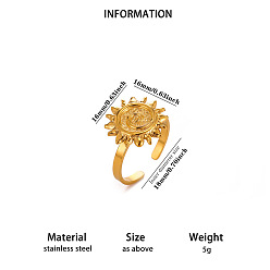 Sun 304 Stainless Steel Cuff Open Rings, Golden, Sun, 18mm