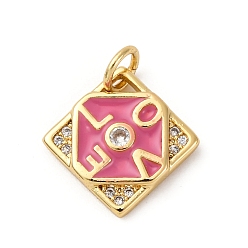 Pink Подвески из латуни с микропаве из кубических цирконий и эмали, ромб со словом любовь, стойки покрытие, без свинца и без кадмия, долговечный, с целью перехода в кольце, реальный 18 k позолоченный, розовые, 14.5x14.5x2.5 мм, отверстие : 3.5 мм