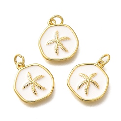 Белый Латунь эмаль подвески, с целью перехода в кольце, плоский круглый с подвесками в виде морских звезд, без кадмия и без свинца, прочное покрытие, реальный 18 k позолоченный, белые, 16x14.5x3 мм, отверстие : 3 мм