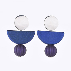 Blue Rubberized Style Acrylic Dangle Earrings, with 304 Stainless Steel Stud Earring Findings and Ear Nuts, Pumpkin & Half Round, Blue, 58mm, Pin: 0.8mm