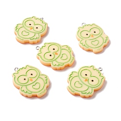 Pale Green Opaque Resin Pendants, with Platinum Tone Iron Loop, Imitation Biscuits, Owl, Pale Green, 37~38x29x4~5mm, Hole: 1.5mm