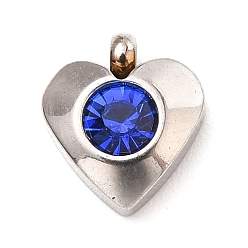 Сапфир 304 прелести нержавеющей стали, с акриловыми стразами, граненые, очарование камня, сердце, цвет нержавеющей стали, сапфир, 8.2x7.2x3.2 мм, отверстие : 1 мм
