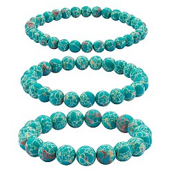 Sea Green 3Pcs 3 Size Synthetic Imperial Jasper Round Beaded Stretch Bracelets Set, Gemstone Jewelry for Women, Sea Green, Inner Diameter: 2-1/8 inch(5.5cm), Beads: 6~10mm, 1Pc/size