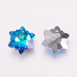Bermuda Blue K9 Glass Rhinestone Pendants, Imitation Austrian Crystal, Faceted, Snowflake, Bermuda Blue, 14x7mm, Hole: 1.6mm