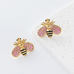 Pink 304 aretes esmaltados de acero inoxidable para mujer, abejas, dorado, rosa, 22x17 mm