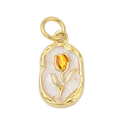 Морская Ракушка Латунь эмаль подвески, с целью перехода в кольце, овал с цветочными подвесками, стойки покрытие, прочное покрытие, без кадмия и без свинца, реальный 18 k позолоченный, цвет морской раковины, 15.5x9x1.5 мм, отверстие : 3 мм