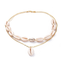 Golden & Rose Gold 2 Layered Necklaces, with Cowrie Shell Beads, Waxed Polyester Cord, Golden Plated Brass Cable Chains and 304 Stainless Steel Lobster Claw Clasps, Golden & Rose Gold, 18.3 inch(46.5cm)
