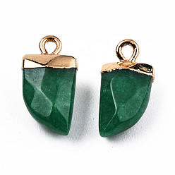 Green Natural Agate Charms, with Light Gold Plated Brass Findings, Horn, Faceted, Dyed & Heated, Green, 13.5x6.5~7x4~5mm, Hole: 1.2mm