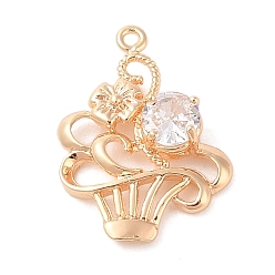 Настоящее золото 18K Подвески из прозрачного стекла с инкрустацией из латуни, торт с цветком, реальный 18 k позолоченный, 22.3x17x5 мм, отверстие : 1.3 мм