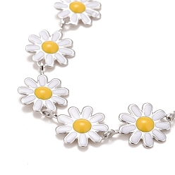 White Enamel Daisy Link Chains Bracelet, 304 Stainless Steel Jewelry for Women, Stainless Steel Color, White, 7-1/4 inch(18.4cm)