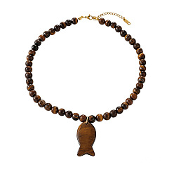 Tiger Eye Ocean Natural Tiger Eye Fish Pendant Round Beaded Necklaces for Women, Golden, 15.75 inch(40cm)