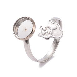 Stainless Steel Color Non-Tarnish 304 Stainless Steel Open Cuff Ring Findings, Pad Ring Setting, Cat and Flat Round, Stainless Steel Color, US Size 6 1/4(16.7mm), Tray: 8mm, 9.5x9mm