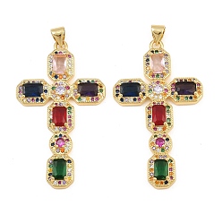 Colorful Brass Micro Pave Cubic Zirconia Pendants, Octagon Shaped Cross Charms, Cadmium Free & Lead Free, Golden, Colorful, 45.5x26x4.5mm, Hole: 5mm