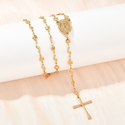 Золотой 201 шарик ожерелья из нержавеющей стали четки, Цепочка-подвеска в форме сердца с девственным крестом и застежкой из нержавеющей стали, ионное покрытие (ip), золотые, 304 дюйм (24.41 см)