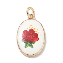 Crimson Printed Brass Pendants, Oval with Flower Charms, Golden, Crimson, 22.5~23x14.5x3~4mm, Hole: 4mm