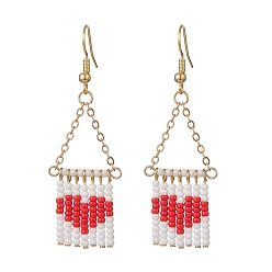 Красный Серьги-сердечки из стеклянных бусин ручной работы, золотые, красные, 60x16.5 мм