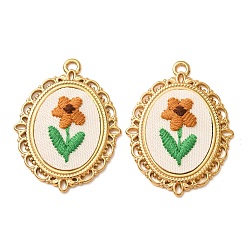 Chocolat 304 Acier inoxydable avec pendentifs en tissu, placage ionique (ip), ovale avec breloques fleurs, réel 18 k plaqué or, chocolat, 40x30x4.5mm, Trou: 2.5mm