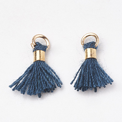 Морской Синий Кулон с кисточкой из поликоттона (полиэстер), мини-кисточка, с латунными застежками и железными кольцами, золотой свет, Marine Blue, 10~15x3~4 мм, отверстие : 2 мм