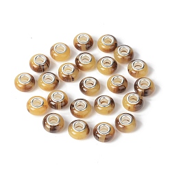 Saddle Brown Rondelle Resin European Beads, Large Hole Beads, Imitation Stones, with Silver Tone Brass Double Cores, Saddle Brown, 13.5x8mm, Hole: 5mm