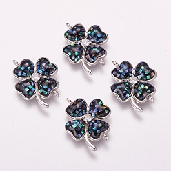 Platinum Brass Micro Pave Cubic Zirconia Links, with Freshwater Shell, Clover, Platinum, 19x20.5x3mm, Hole: 1mm