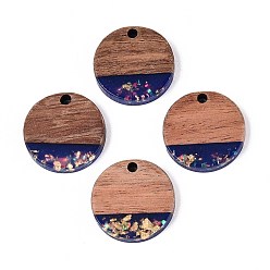 Темно-Синий Подвески из непрозрачной смолы и орехового дерева, плоские круглые прелести, с блестящей пудрой и золотой фольгой, темно-синий, 19x3~3.5 мм, отверстие : 2 мм