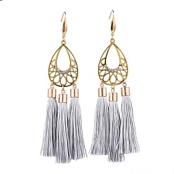 Gray Polyester Tassel Dangle Earrings, with Alloy Cubic Zirconia Pendant and 316 Surgical Stainless Steel Earring Hooks, Teardrop, Golden, Gray, 123~124mm, pin: 0.7mm