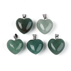 Зеленый Авантюрин Естественный зеленый авантюрин подвески, сердце прелести, с железной застежкой платинового цвета на дужках, 16~19x15~18x8~10.5 мм, отверстие : 5.5~6x2~2.5 мм