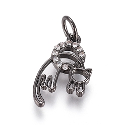 Gunmetal Brass Micro Pave Cubic Zirconia Pendants, with Jump Ring, Long-Lasting Plated, Ring with Cat, Clear, Gunmetal, 15x9x1.5mm, Hole: 3.5mm