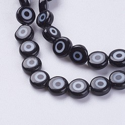 Black Handmade Evil Eye Lampwork Beads Strands, Flat Round, Black, 6x2.5mm, Hole: 1mm, about 64pcs/strand, 13.7 inch(35cm)