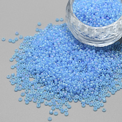 Deep Sky Blue 12/0 Grade A Round Glass Seed Beads, Transparent Frosted Style, AB Color Plated, Deep Sky Blue, 2x1.5mm, Hole: 0.8mm, about 30000pcs/bag