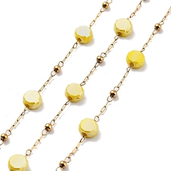 Yellow 304 Stainless Steel Handmade Beaded Chain, with Electroplated Glass, with Spool, Soldered, Real 18K Gold Plated, Flat Round, Yellow, 5.5x5.5x3.5mm, about 16.40 Feet(5m)/Roll