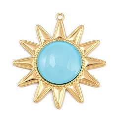 Синий 304 подвески из нержавеющей стали, солнце, с стеклянного шарика, вакуумное покрытие pvd, реальный 18 k позолоченный, синие, 56x52x7 мм, отверстие : 2.5 мм