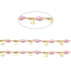 Pearl Pink Enamel Horse Eye Link Chains, with Real 18K Gold Plated Star Charms, Soldered, Long-Lasting Plated, with Spools, Pearl Pink, 5x13x4mm, 3x7.5x2.8mm